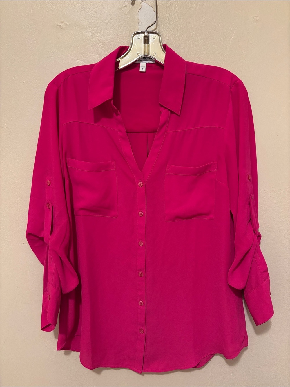 Express Fuchsia Button-Down Blouse with Roll Tabs